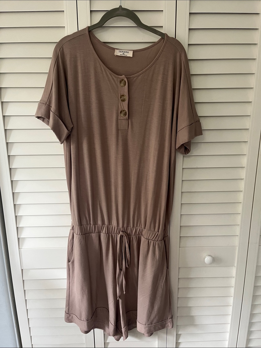 Three Bird Nest- Zenana Casual Short Sleeve Drawstring Romper Boho - Taupe